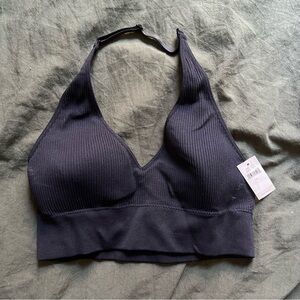AERIE BLACK Racerback Ribbed Bralette Halter NWT Large